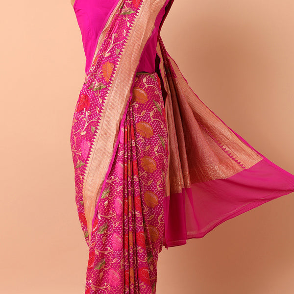 Bandhani saree. Indian Traditional Bandhej Gaji silk saree. Maroon, red,  Pink, Blue, Purple, Bottle Green, Customized Dye available Kusumhandicrafts  – Kusum Handicrafts